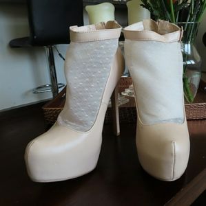 Cream, Lace front, Round-toe, Platform, High Heels